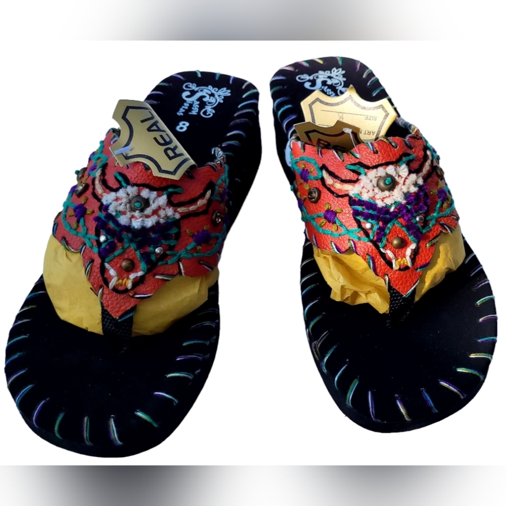 Sassy Sista's Orange Leather Flip Flops, Style FF130, 3-Size 8, 2" heel